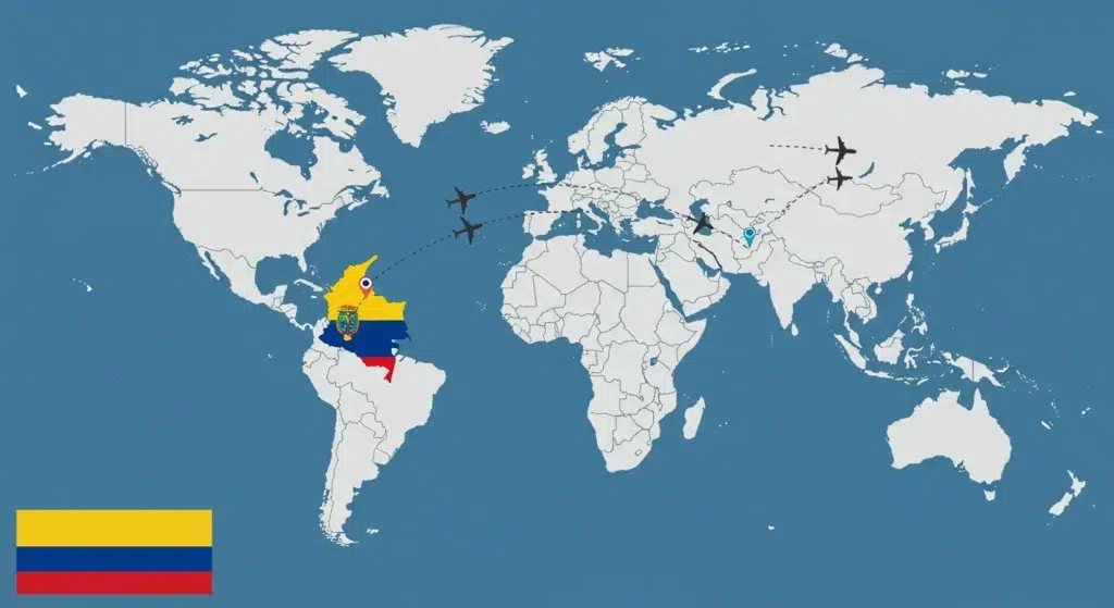 Mapa de exportaciones aéreas desde Colombia con rutas de Bogotá hacia Miami, Madrid y Ciudad de México, mostrando puntos clave de courier aéreo e Incoterms para exportadores colombianos.